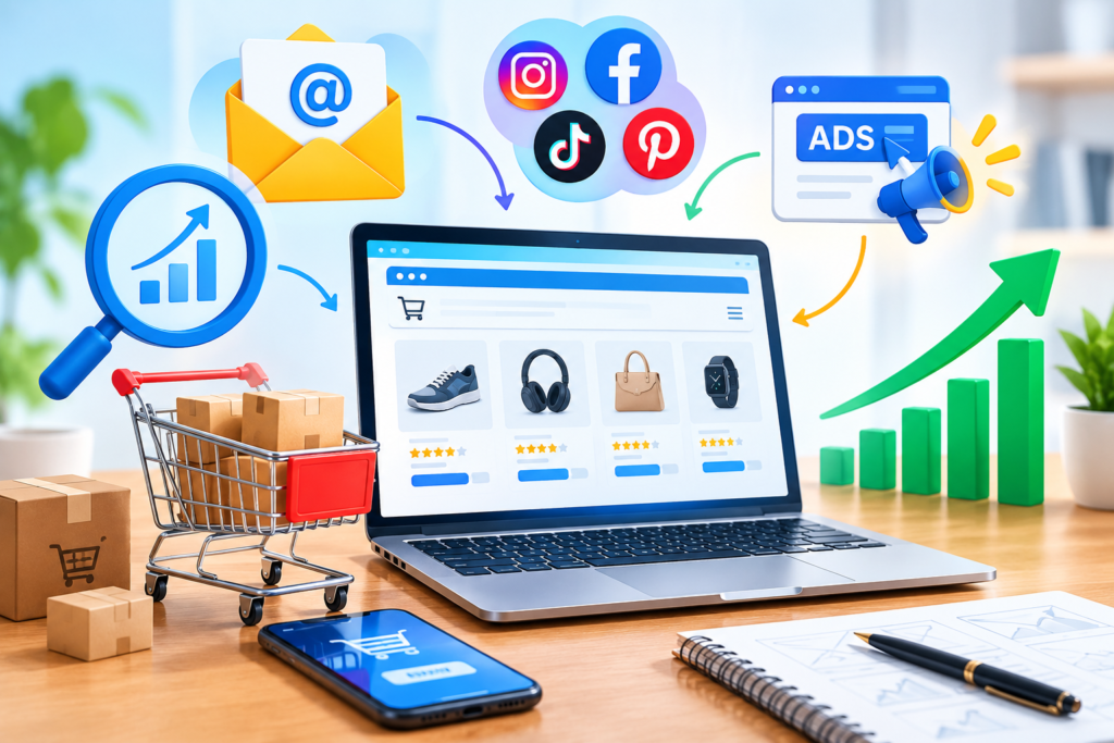 Growing E-Commerce Sales Through SEO, Email, Social Media, and Paid Marketing